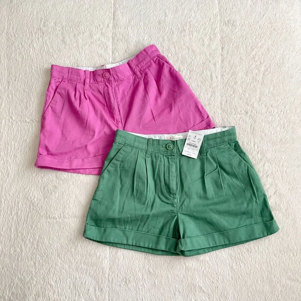 Crewcuts Girls Chino Shorts Bundle Kids Size 8 Green Pink Adjustable Waist